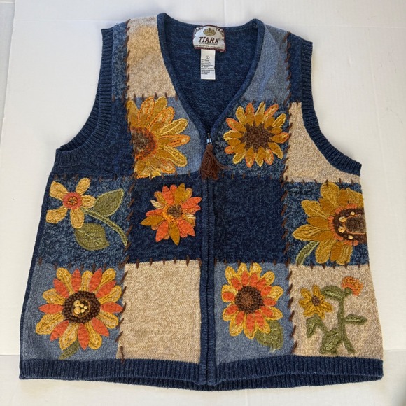 Tiara International Sweaters - Tiara International Vintage Sunflower Patchwork Zip Sweater Vest Blue Large